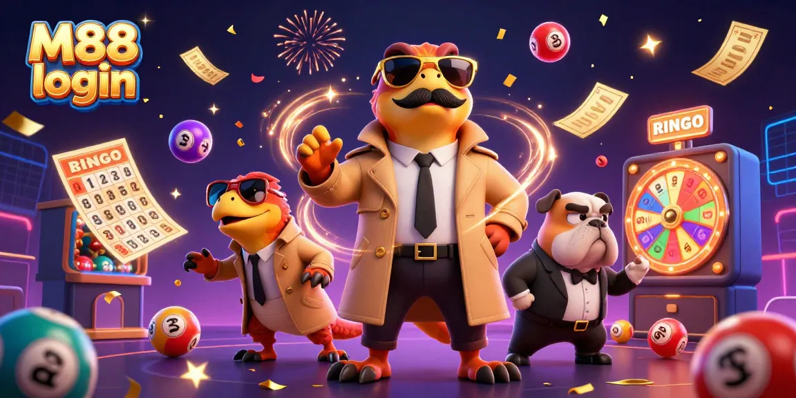 M88 login scene with raptors in a trench coat, vibrant casino elements, and festive atmosphere