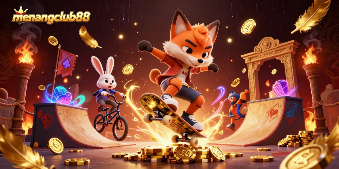 Experience the thrill of menangclub88 as a cartoon fox executes a trick over golden poker chips.