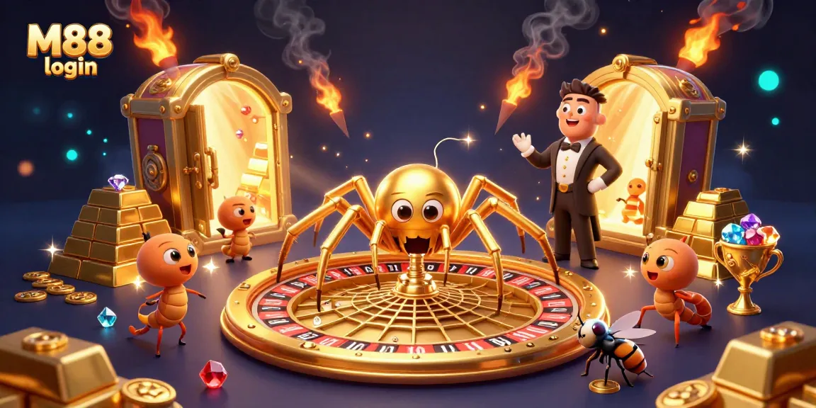 Engage with M88 login, showcasing a golden spider spinning a roulette wheel web amidst treasures in an exciting casino scene.