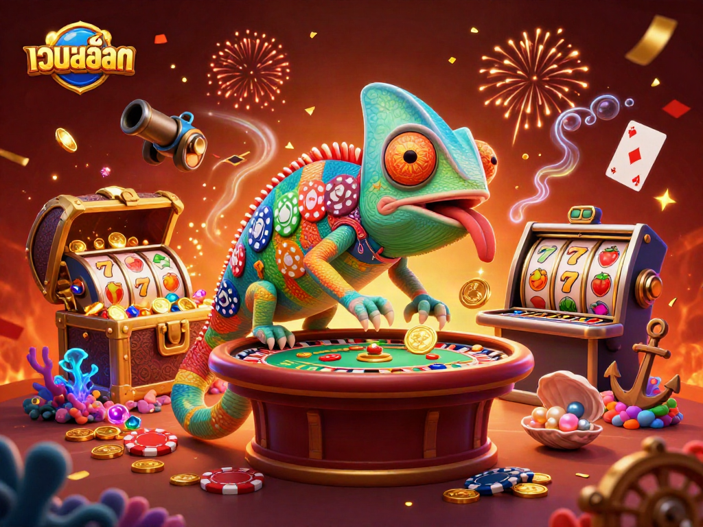 Engage with เว็บสล็อต at vibrant slots through 3D cartoon chameleon casino owner, celebrating wins surrounded by treasures.
