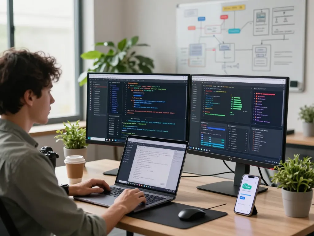 Developer utilizing openclaw personal AI assistant in a modern workspace with dual monitors and collaborative tools.