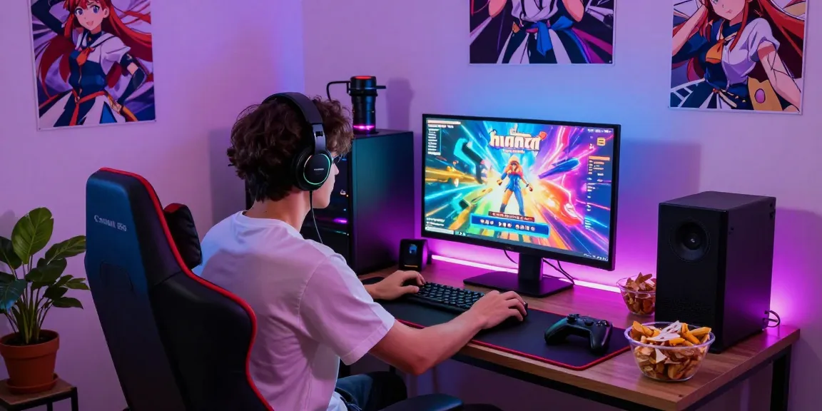Engaging player immersed in a vibrant hentai game with colorful LED lights.