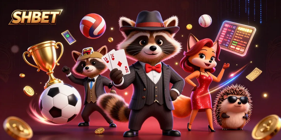 Experience the excitement of SHBET with a raccoon, fox, and hedgehog in a vibrant casino scene.