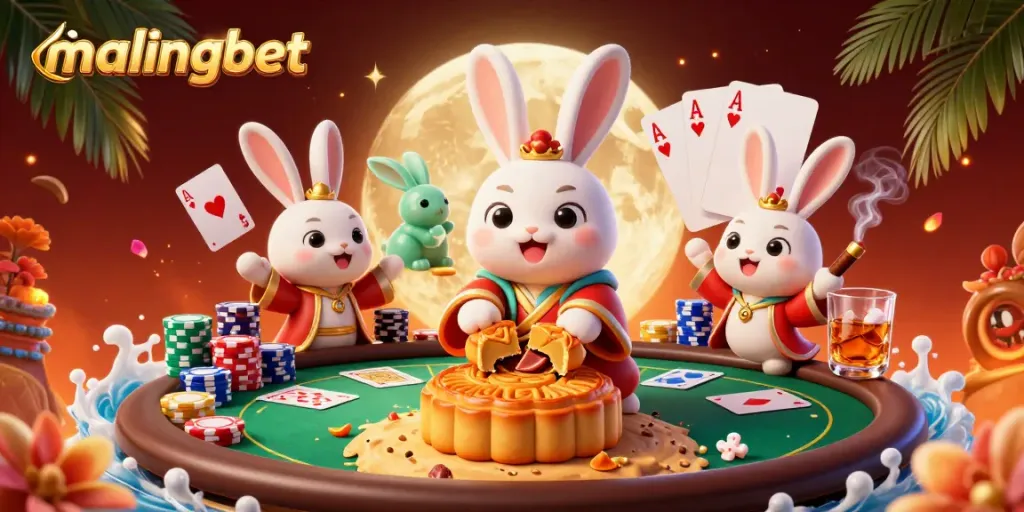 Menangkan permainan di malingbet dengan ilustrasi digital yang menampilkan kelinci bulan dan elemen kasino.