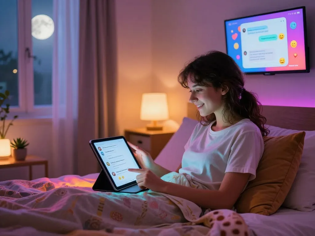 Interactive ai chat nsfw experience in a cozy bedroom with colorful ambient lighting.