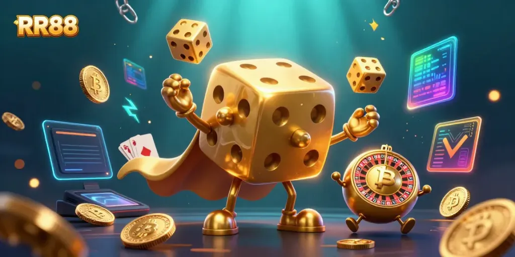 Experience the excitement of RR88 with a vibrant 3D scene featuring golden dice and cryptocurrency elements.
