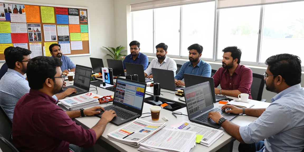 Live newsroom at https://www.theindaily.com featuring diverse journalists collaborating on breaking news articles.