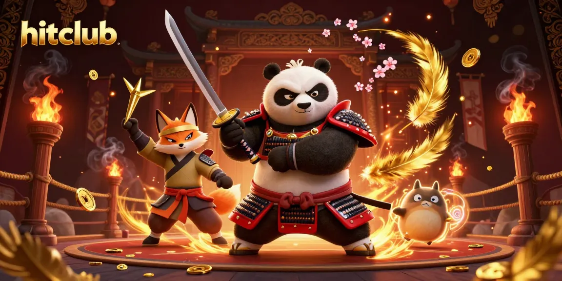 Experience thrill and victory at hitclub with a vibrant 3D cartoon scene featuring samurai panda, ninja fox, and tanuki.