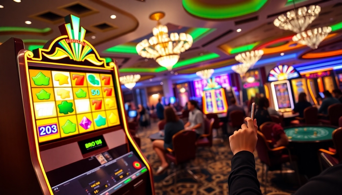 bro138 players enjoying secure mobile slot gaming in a vibrant casino atmosphere