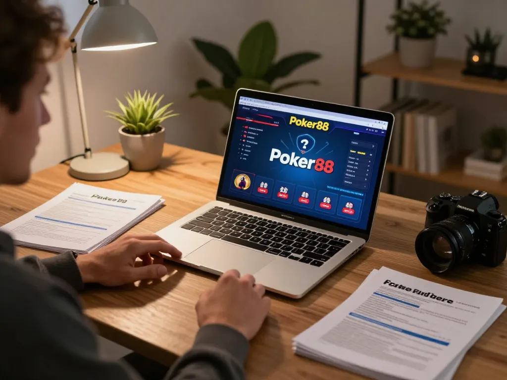 Player strategizing on Poker88 during an online poker session at home, surrounded by gaming notes.