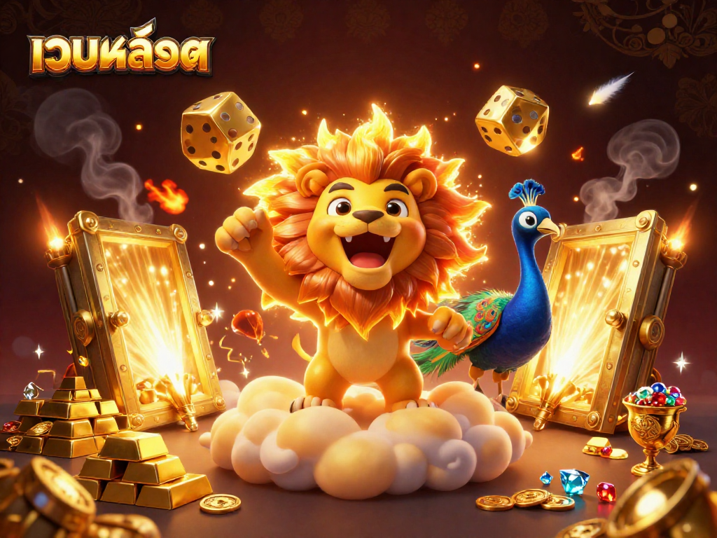 Play เว็บสล็อต with vibrant 3D illustration showcasing golden treasures and exciting game elements.