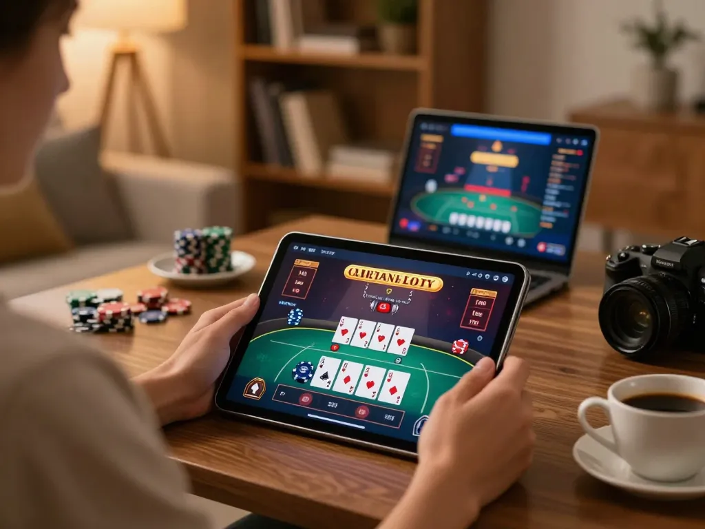 Kuwin player engaged in online poker game on tablet in cozy home office setting
