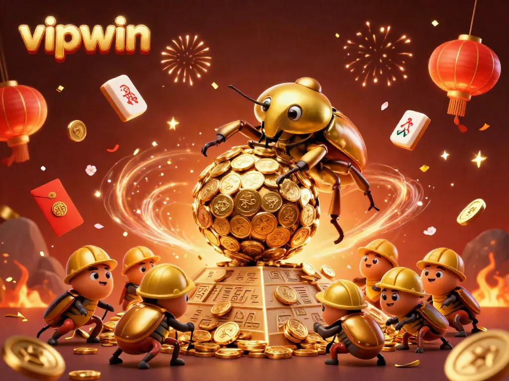 Experience a vibrant scene with a golden dung beetle rolling coins, representing vipwin's thrilling casino adventures.