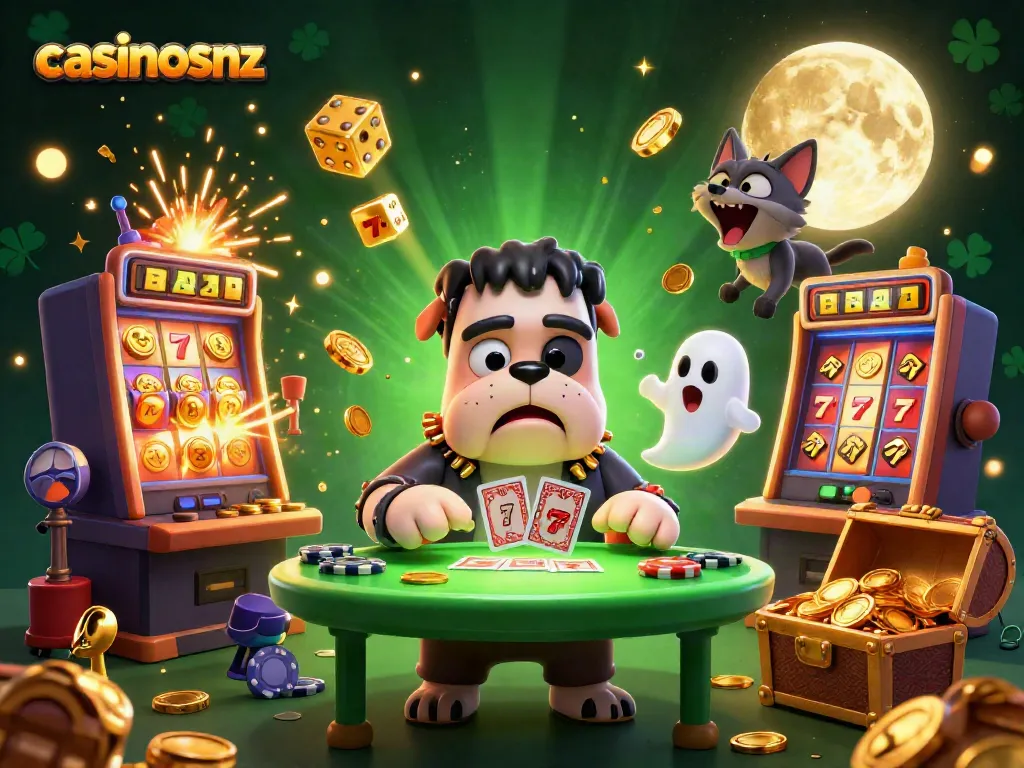 Experience thrilling online pokies action with casinosnz in this vibrant 3D gaming illustration.