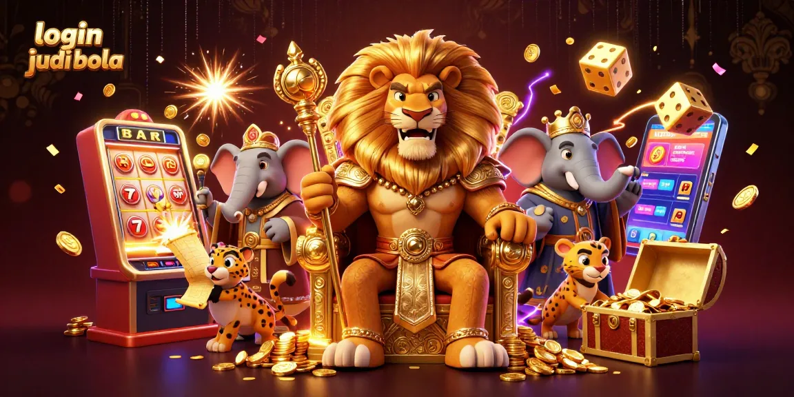 Engage in the excitement of login judi bola, featuring a fierce lion king and dynamic casino elements