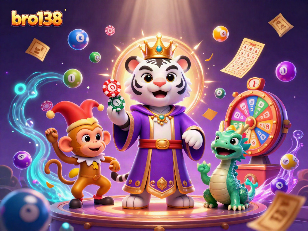 Experience the excitement of bro138 with a vibrant casino scene featuring lively characters and colorful gaming elements.