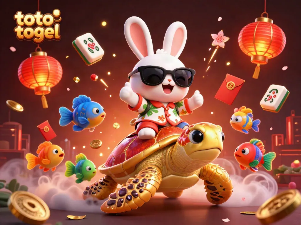 Celebrate toto togel with a lively scene of a lucky rabbit and giant turtle amidst colorful casino elements.