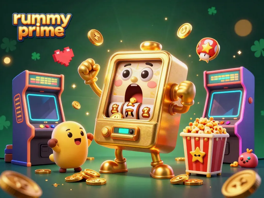 Experience rummy prime gameplay with a vibrant, animated slot machine scene, emphasizing dynamic action and fun.