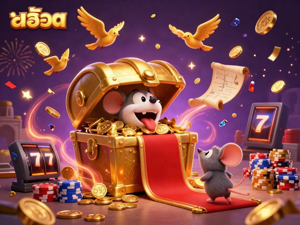 Spin the สล็อต reels filled with treasures and adventurous mice in a vibrant casino scene.