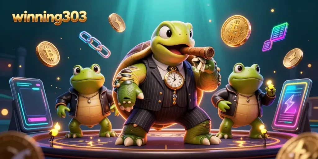 Experience winning303's thrilling casino world with a dynamic illustration highlighting games and excitement.