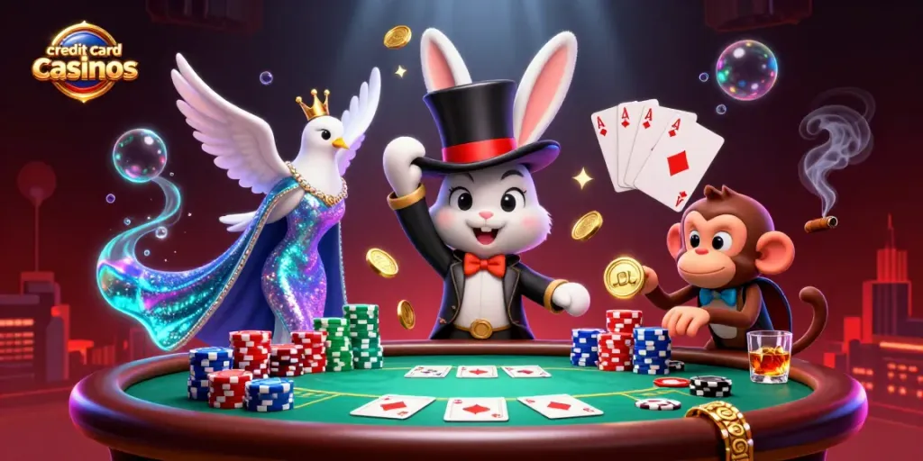 Engaging illustration depicting credit card casinos with cartoon characters and casino elements.