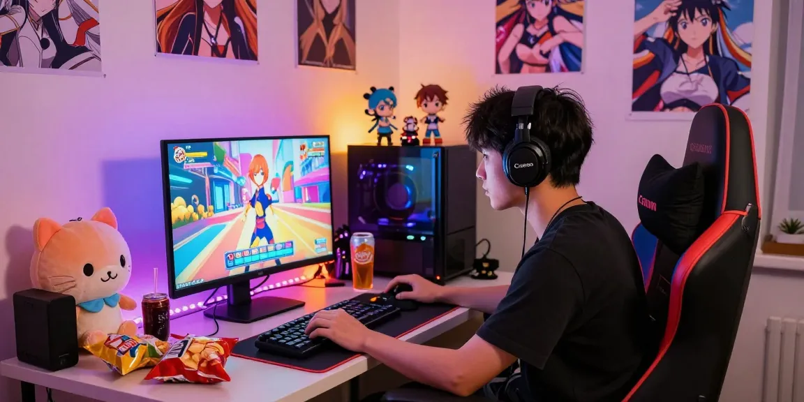 Engaged gamer playing a hentai game in a vibrant anime-themed room.