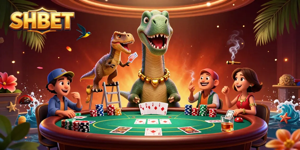 Engage with the vibrant world of SHBET through a dynamic poker scene featuring a brontosaurus.