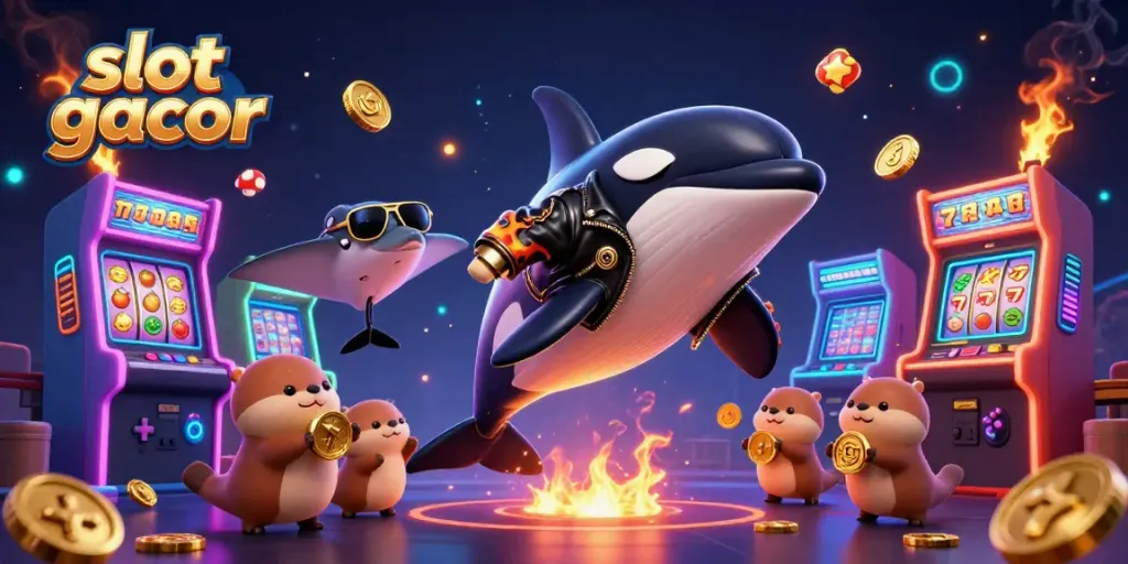Spin the reels with slot gacor featuring vibrant characters and virtual gold coins in a dynamic casino scene.