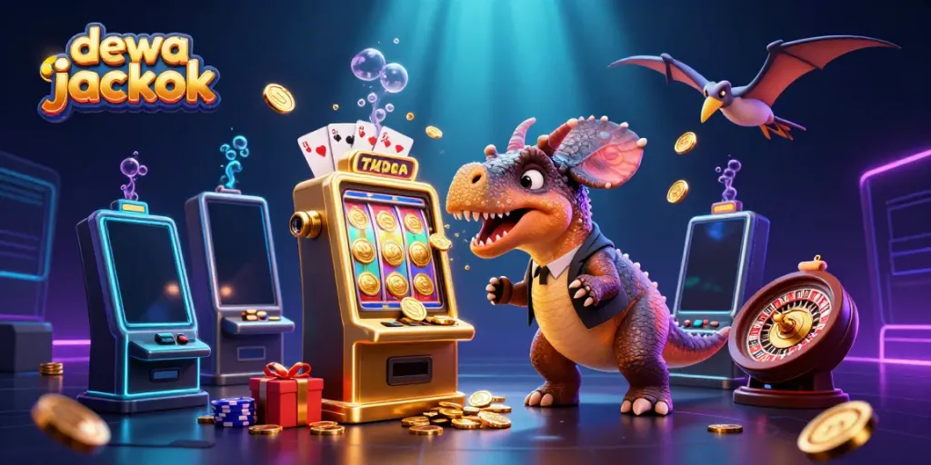 Mainkan dewa jackpot dalam ilustrasi 3D yang menunjukkan dinosaurus beraksi di mesin slot emas.