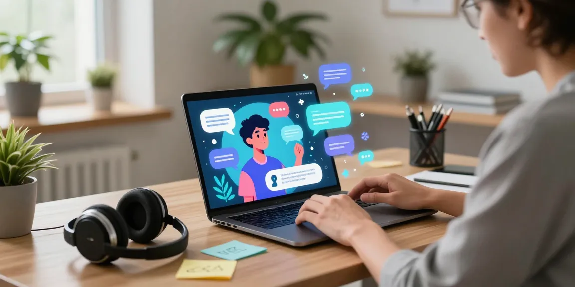 Engaging in ai spicy chat with vibrant AI avatars in a modern home office.