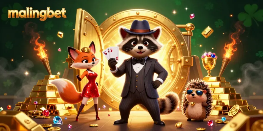 Permainan dengan malingbet, menampilkan raccoon bergaya dengan kartu royal flush dan teman fox cantik, dalam suasana kasino yang megah.