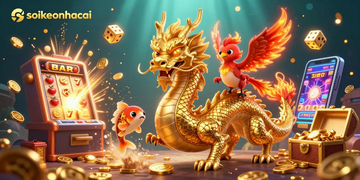 Experience the thrill of soikeonhacai with a captivating scene featuring a golden dragon, phoenix, and koi fish surrounded by casino elements.