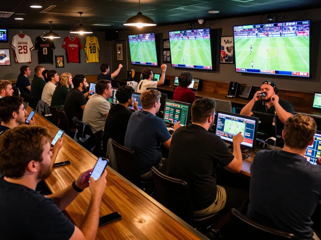 Excitement builds as sports fans engage with Net88 betting apps in a lively sports bar.