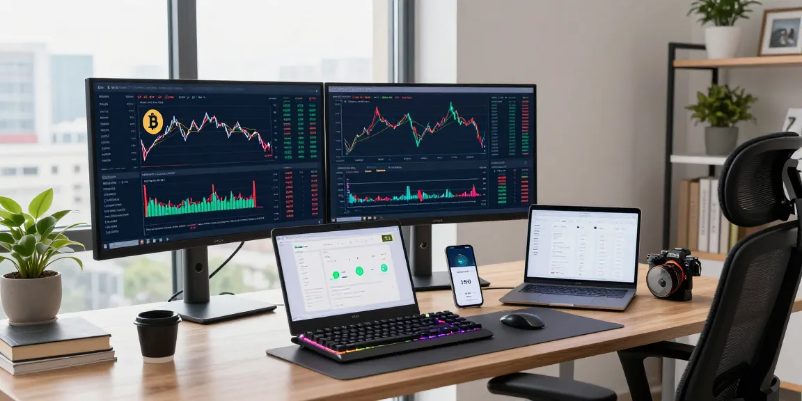 Cricbet trading workstation with cryptocurrency charts, digital wallets, and DeFi platforms emphasizing innovation in fintech.