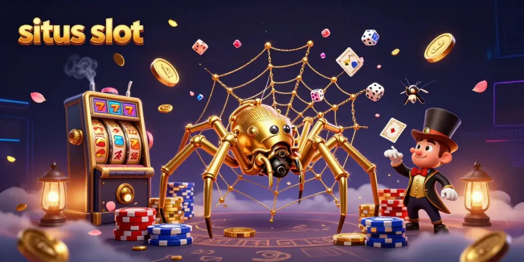 Ilustrasi 3D steampunk menampilkan "situs slot" dengan laba-laba dan elemen perjudian yang kaya.