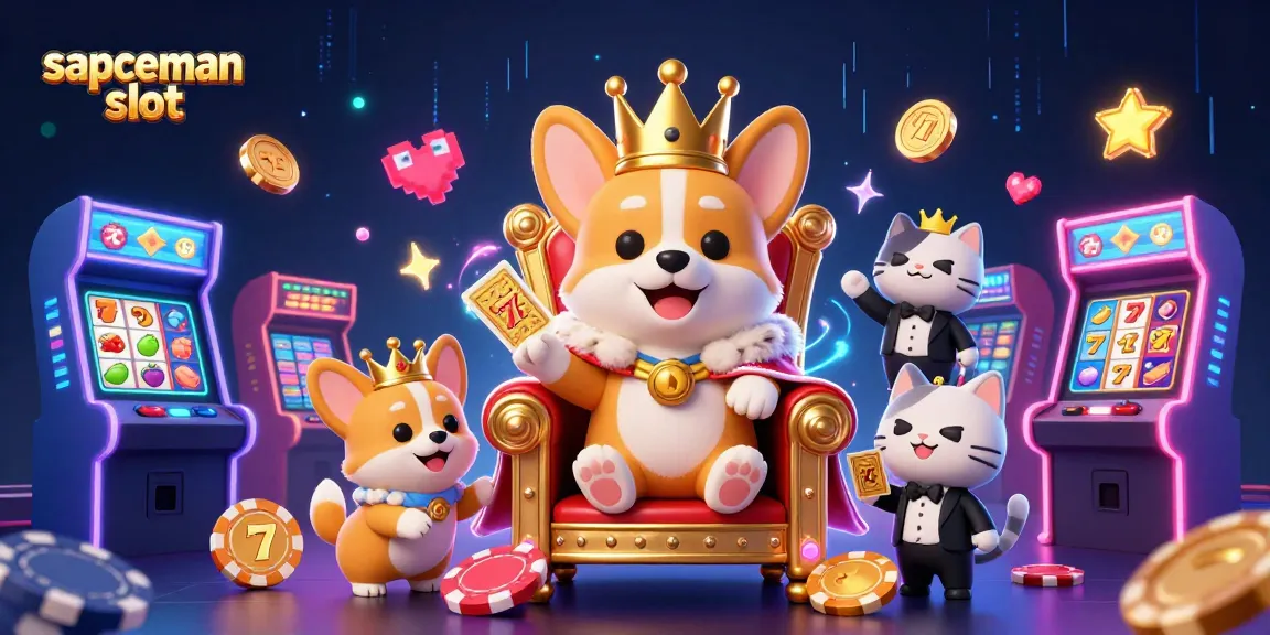 Sapceman slot showcases a 3D royal corgi on poker chips, vibrant arcade features, and casino elements.