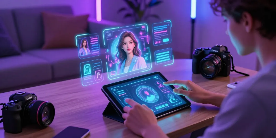 Engaging with NSFW AI technology on a tablet in a modern setting, featuring holographic character projections.