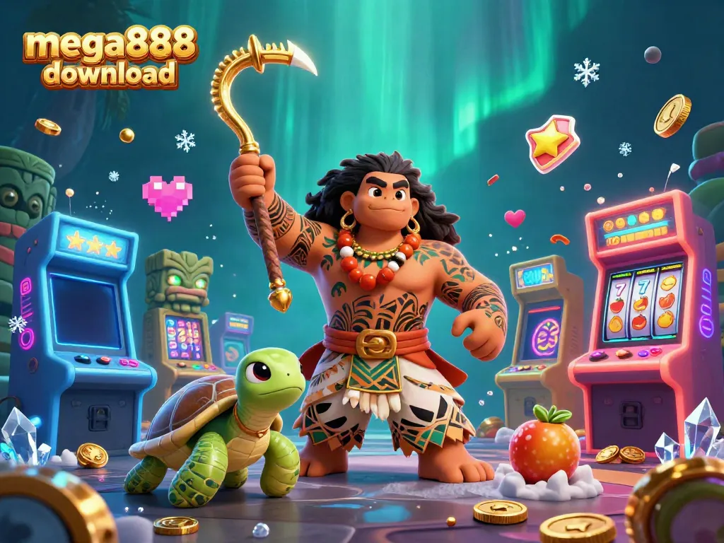 Engage with the exciting mega888 download scene featuring vibrant casino elements and Polynesian characters.