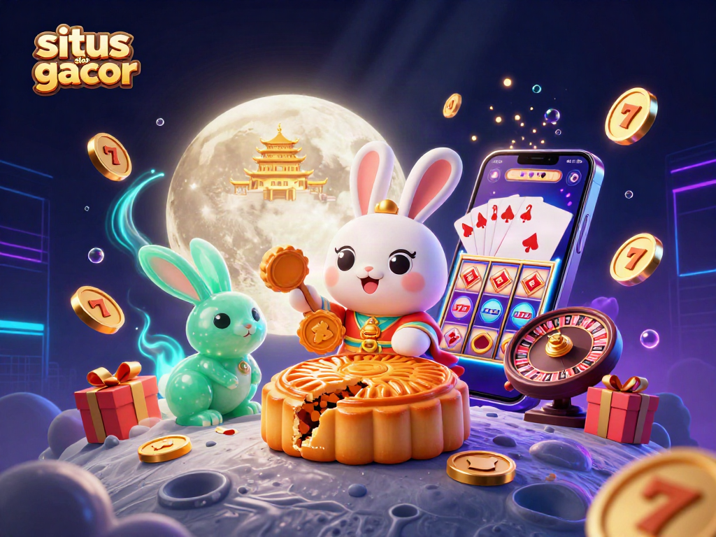 Engage with situs slot gacor as a moon rabbit creates mooncakes revealing hidden poker chips amidst vibrant casino elements.