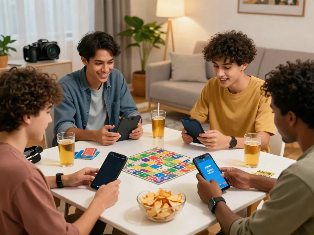 Friends playing Rumble Rummy on mobile devices in a cozy living room setting, enjoying snacks and fun.