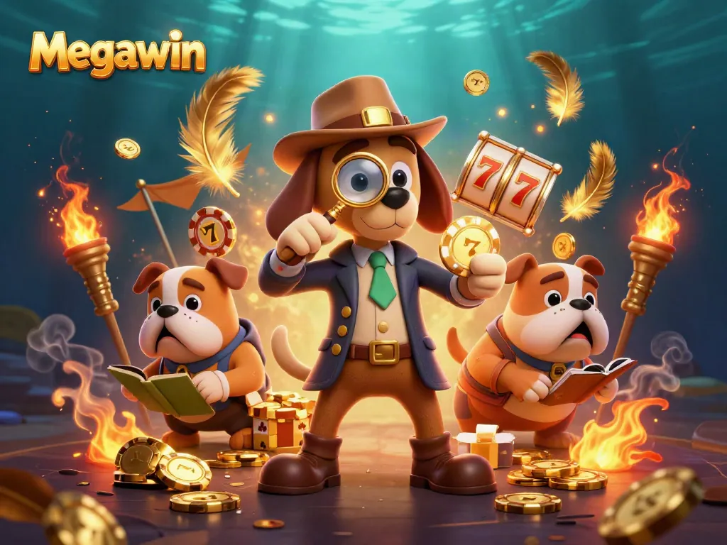 Megawin menghadirkan detektif dalam permainan slot, mengungkap petunjuk dengan chip poker dan koin emas.