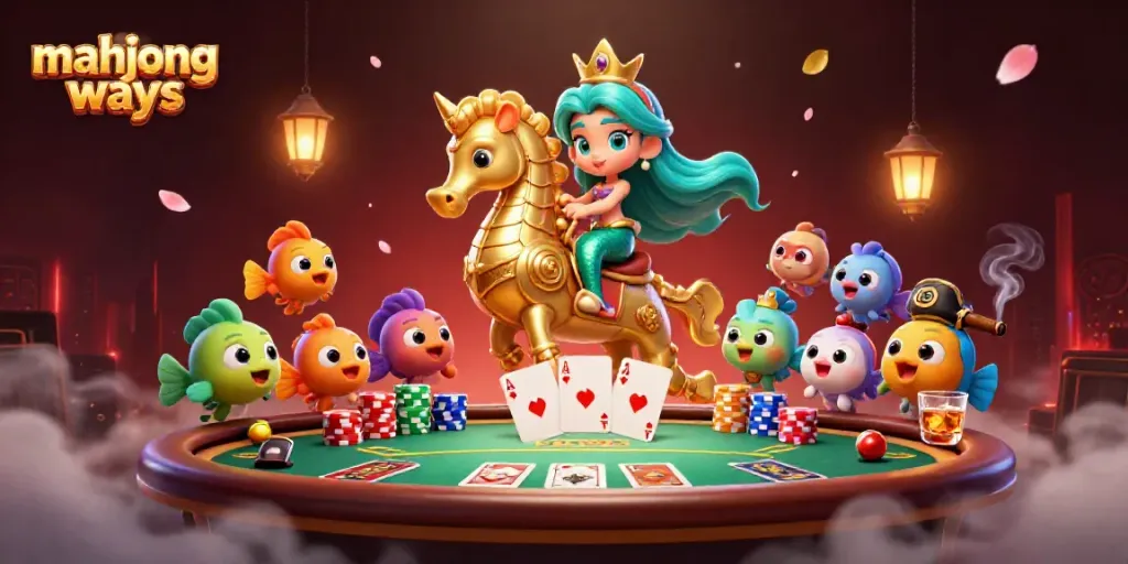 Permainan mahjong ways dengan pemandangan mermaid berkuda seahorse, chip poker, dan suasana kasino yang meriah