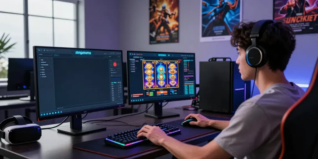 Immersive Singatoto online gaming setup with vibrant interface and accessories.