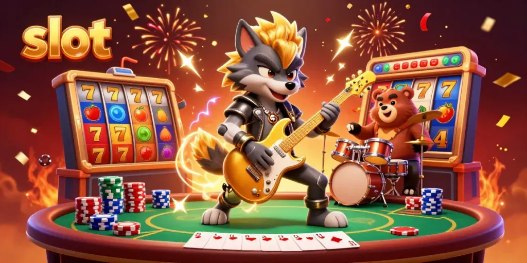Experience thrilling slot action with a rock star wolf and drummer bear on a vibrant casino stage.