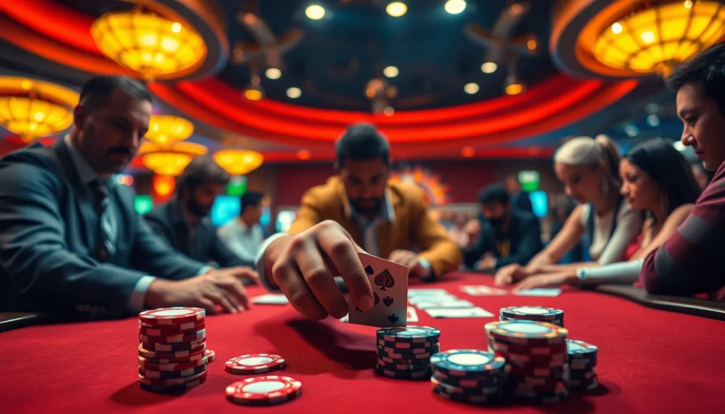 Engage in a thrilling poker game with diverse players and vibrant casino ambiance.