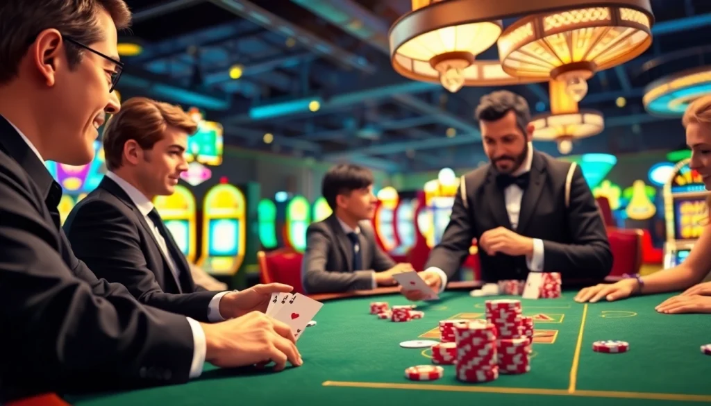 Engage in an exhilarating game at a Blackjack Casino with focused players and a vibrant table atmosphere.
