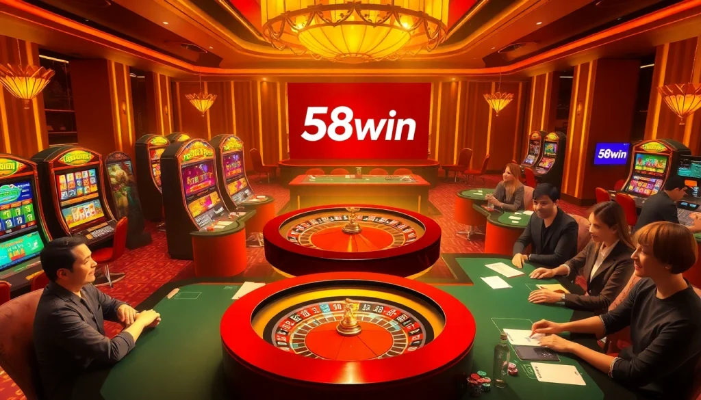 Players enjoying high-stakes games at an elegant 58win casino, featuring roulette and slot machines.