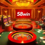 Players enjoying high-stakes games at an elegant 58win casino, featuring roulette and slot machines.