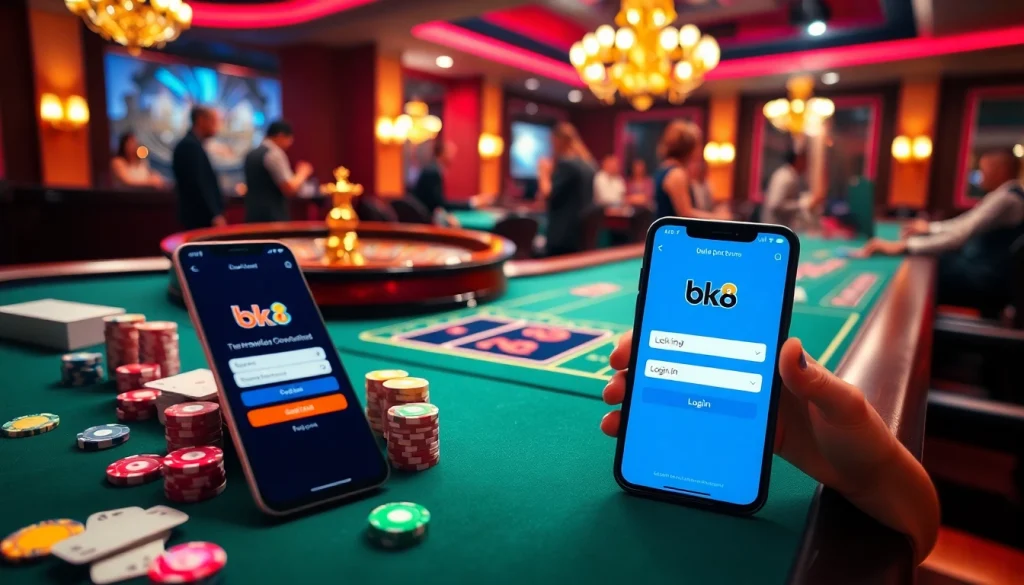 Experience the excitement of bk8 login as players engage in thrilling casino games at a vibrant gaming table.