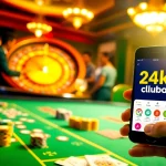 Engage in thrilling games with the app 24kclub displayed on a smartphone amid casino action.